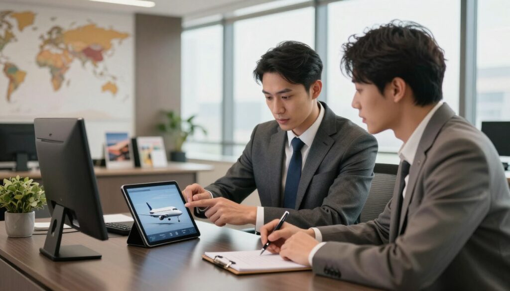 Personal concierge and client discussing travel plans