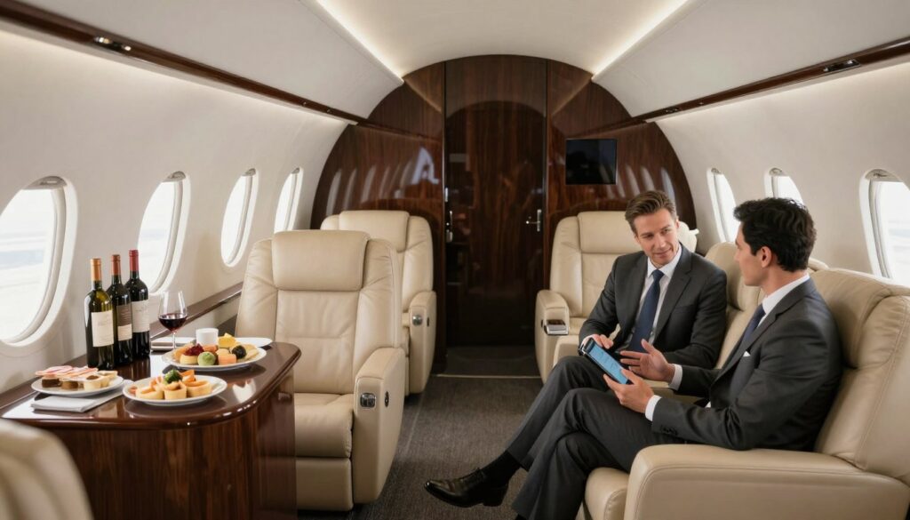 spacious cabin of an airbus executive jet for rent
